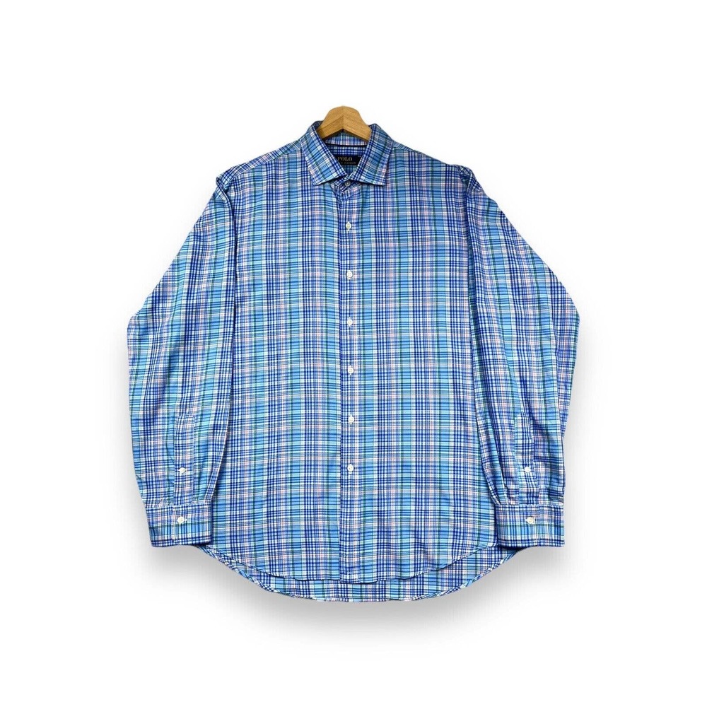 Ralph Lauren Shirt Men’s Large Blue Plaid Button Down Cotton Long Sleeve Oxford